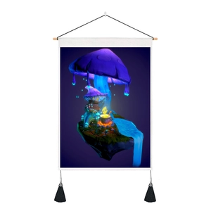 Macro detail of fantasy mushroom tapestry featuring wooden hanging rod and black tassels