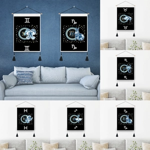 Zodiac Sign Wall Hanging Scroll Tapestry Polyester Cotton Fabric Wood Pole And Tassel Starry Sky Constellation Decor