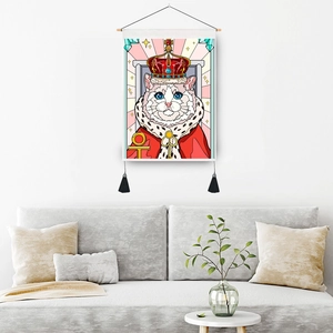 Cartoon cat king tapestry hanging wall art with wood scroll and tassels in modern living room