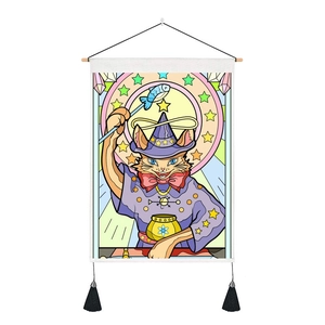Cartoon cat wizard wall tapestry with wooden frame and black tassels for home decor