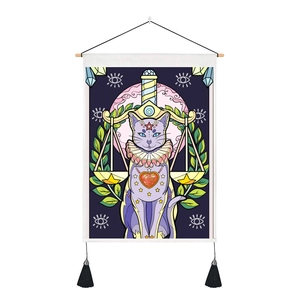 Cat tarot tapestry with Libra zodiac motifs and purple astrology patterns for home wall decor