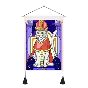 Detailed tapestry with cartoon cat pope illustration, wooden rod, and black tassels.