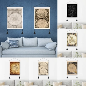 Vintage World Map Constellation Wall Hanging Tapestry With Wooden Rod And Tassels Polyester Cotton Retro Nautical Art