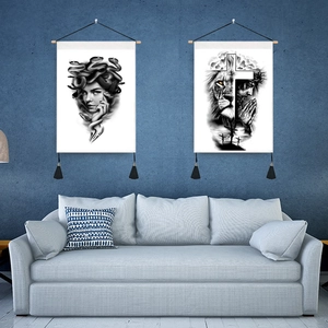 Vintage cotton linen wall hanging tapestries featuring artistic tattoo style manuscripts