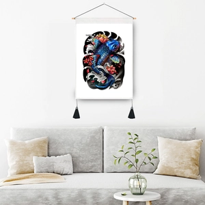 Japanese koi carp wall hanging scroll with cherry blossoms and tassels for home decor