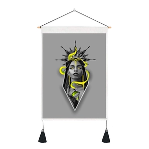 Japanese style linen wall scroll featuring a mysterious female art print with yellow accents