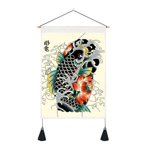 Detail of Japanese koi tattoo art wall scroll with black tassel and wooden rod