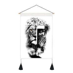 Detail of Japanese style cotton linen tapestry featuring lion and cross art with black tassels