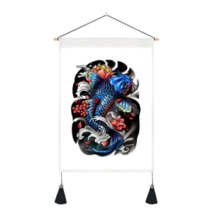 Detail of Japanese koi fish linen scroll with pink lotus and black decorative tassels