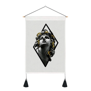 Detail of vintage linen tapestry featuring classical statue with gold leaf on wood pole