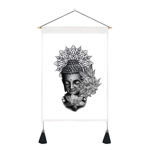 Detail of Zen Buddha and Lotus wall tapestry with black tassels and wood frame