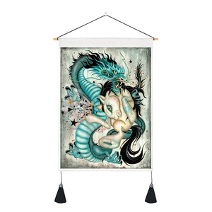 Detail of cotton linen wall scroll showing a Japanese dragon and cartoon pony illustration