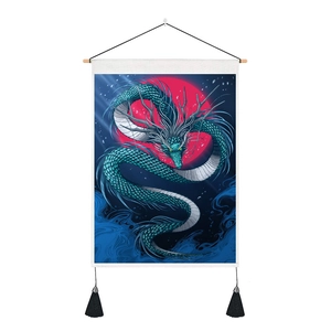 Detail of Japanese dragon wall scroll with cotton linen fabric and black tassels