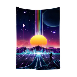 Tapiz de pared retro synthwave con sol de neón y rejilla futurista decorativa
