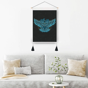 American style owl wall tapestry with celestial blue patterns and wooden hanging rod