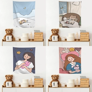Cartoon Wall Tapestry Polyester Peach Skin Velvet Decorative Background Hanging Cloth For Bedroom Dormitory Aesthetic Healing Style