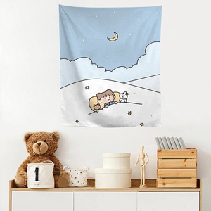 Detailed view of cozy bedroom wall tapestry with sleeping girl and cartoon bear animals