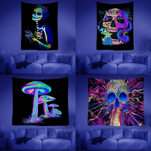 UV Reactive Tapestry Psychedelic Mushroom Skull Glow In The Dark Polyester Wall Hanging Decor For Room Party Aesthetic