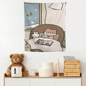 Detail of cozy cartoon tapestry showing a girl reading by a snowy window in a child's bedroom