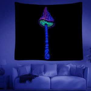 UV reactive skull and mushroom tapestry with neon psychedelic mandala patterns for room decor