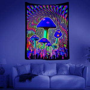UV reactive skull mushroom tapestry with psychedelic mandala art for room decor