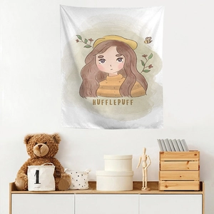 Cartoon girl Hufflepuff wall tapestry decoration for cozy home bedroom aesthetics