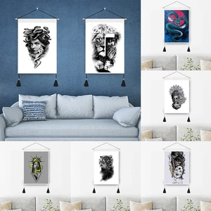 Japanese Traditional Tattoo Style Decorative Hanging Painting Polyester Cotton Canvas Wall Art With Wood Pole Black Tassels Medusa Buddha Dragon Art Prints For Living Room Home Decor