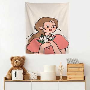 Detailed fabric texture of a wall tapestry featuring a girl with white tulips