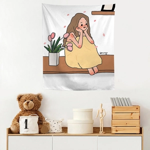 Detailed view of hand-drawn cartoon girl tapestry on wall with home decor accessories