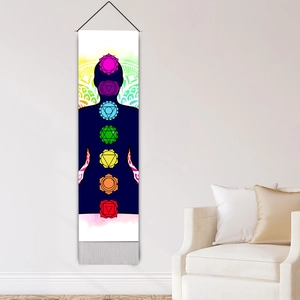 Vertical yoga meditation tapestry with seven chakra symbols and bottom grey tassels