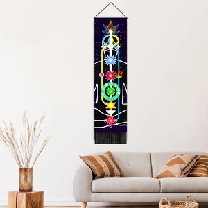 Colorful chakra meditation tapestry with black tassels for yoga wall decor