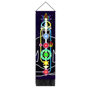 Vertical wall tapestry with meditation chakra symbols and black tassels on star background