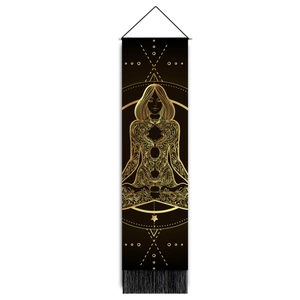 Close-up of golden mandala meditation pattern on black fabric tapestry with bottom tassels