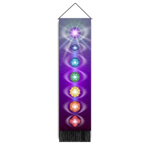 Vertical seven chakra tapestry with glowing symbols, purple background and black tassels