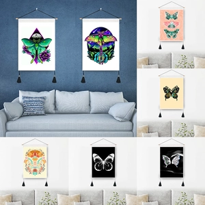 Vintage Botanical Butterfly Moth Wall Tapestry Scroll With Wood Pole And Tassels For Living Room Bedroom Wall Decor