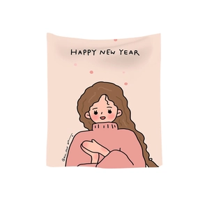 Pink decorative tapestry featuring a cute girl illustration and Happy New Year text