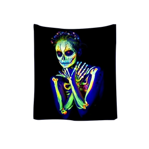 Bohemian skull mushroom tapestry with fluorescent skeleton woman and neon mandala patterns