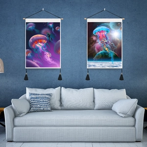 Modern 3D digital dream jellyfish wall art tapestries with wooden frame in living room