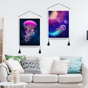 3D jellyfish wall tapestry with wooden scroll and black tassels for modern home decor