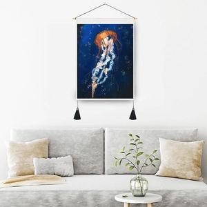 3D digital jellyfish print wall tapestry with wooden pole and tassels for home decor