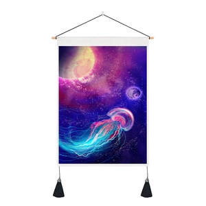Detail of 3D jellyfish tapestry showing neon nebula print and black tassel accents