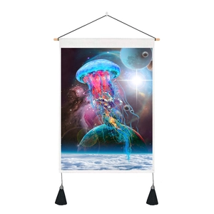 Detail of 3D jellyfish astronaut tapestry with wooden bar and black bottom tassels