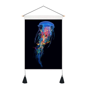 3D digital jellyfish print wall art tapestry with wooden pole and black tassel fringe