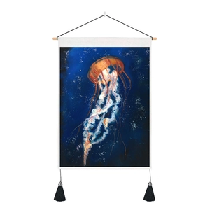 Detail of 3D digital jellyfish print on tapestry with wooden rod and black tassels