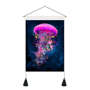 Close-up of 3D digital jellyfish tapestry featuring glowing marine life and tassels