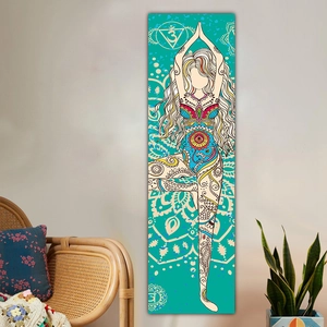 Vertical Zen Yoga scroll painting with teal mandala female silhouette for home wall decor