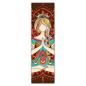 Detailed vertical wall tapestry featuring a meditating woman with vibrant mandala art
