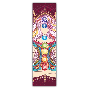 Macro detail of Zen series wall scroll featuring female silhouette and seven chakra symbols