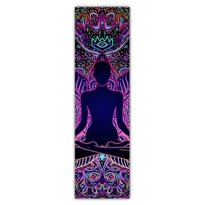 Detailed view of meditation tapestry featuring neon psychedelic mandala patterns and silhouette