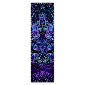 Detailed close-up of vertical zen tapestry with neon mandala patterns and sacred meditation figure